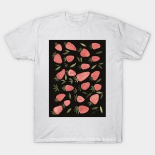 Watercolors strawberries - dusty pink on dark background T-Shirt